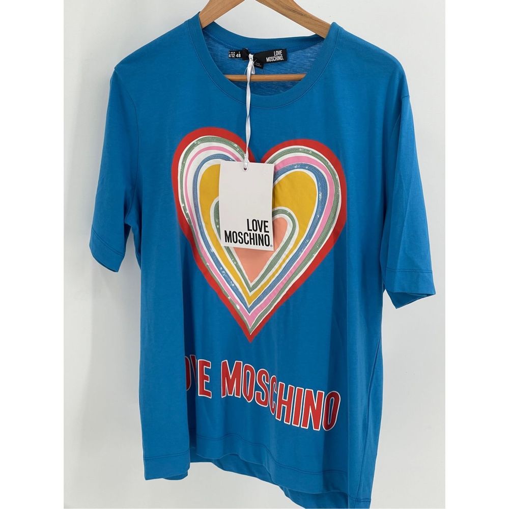 Love Moschino T Shirt Women's Size 12 It 48 Blue Heart Sequins New Short Sleeve